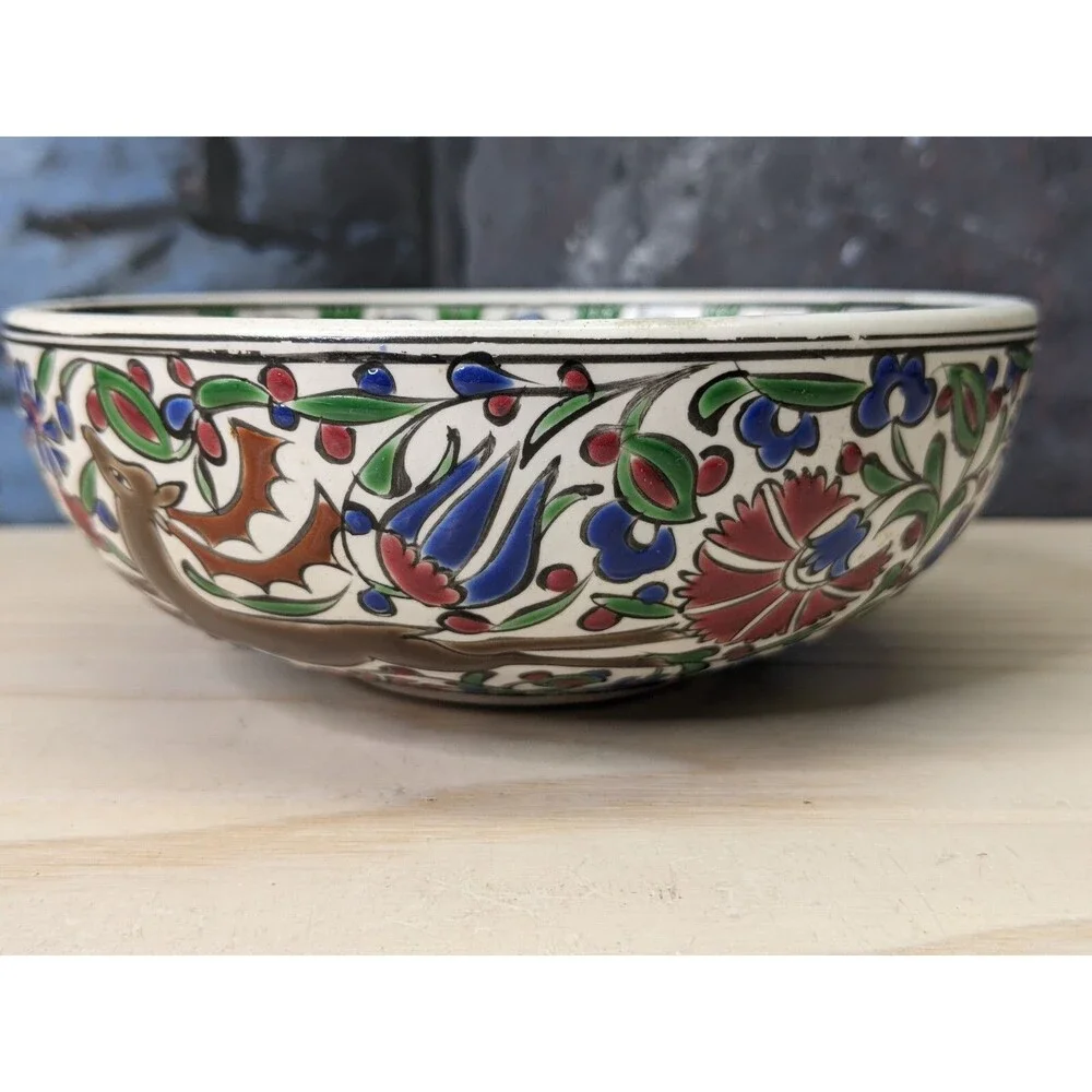Hand painted Signed Small Turkish Bowl Red Green Floral Deer Trinkets Jewelry